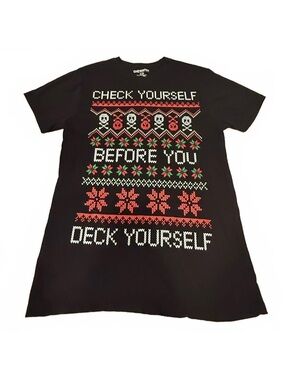 Chemistry Black Graphic T-Shirt Size S with 'Check Yourself Before You Deck Your